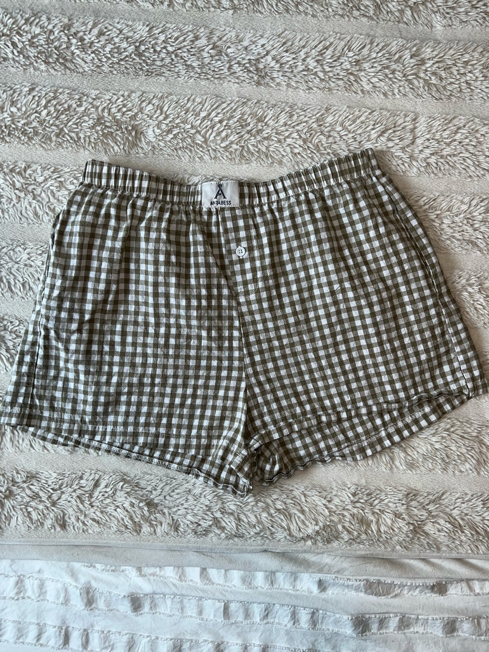 Women’s Olive and White Gingham Boxer Shorts with pockets
